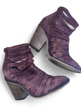 Free People Strappy Cutout Block Heel Ankle Boots in Plum